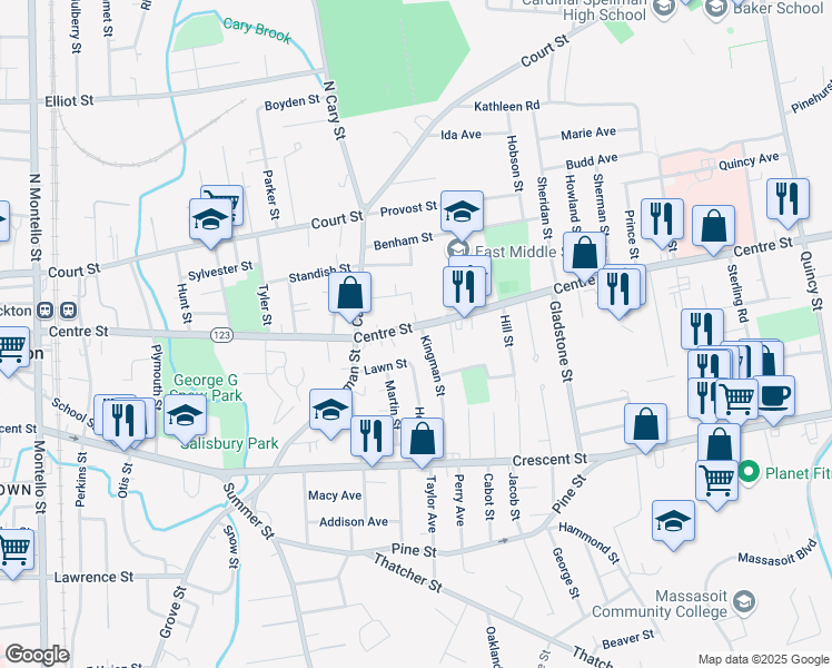 map of restaurants, bars, coffee shops, grocery stores, and more near 9 Kingman Street in Brockton