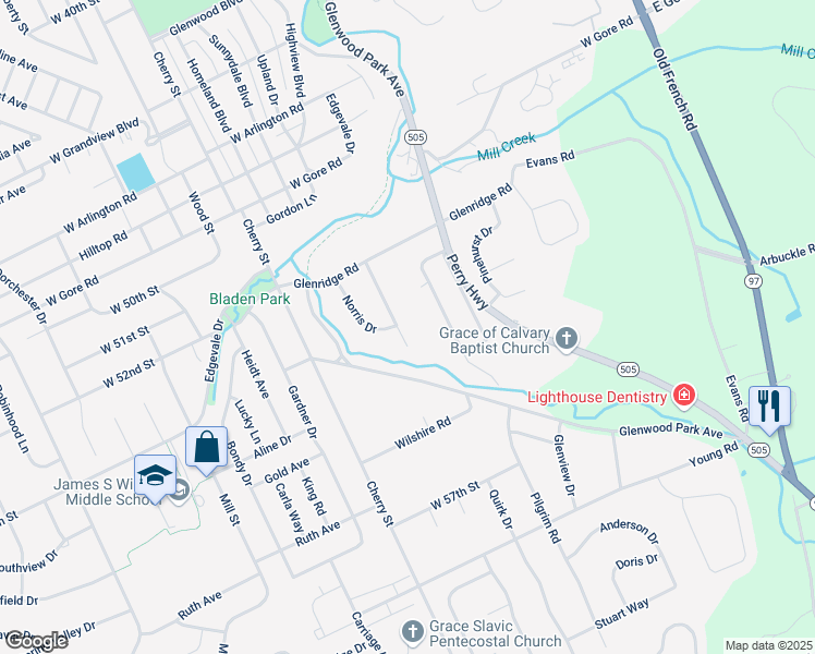 map of restaurants, bars, coffee shops, grocery stores, and more near 5405 Woodward Dr in Erie
