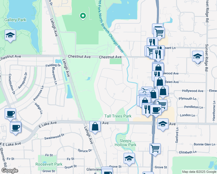 map of restaurants, bars, coffee shops, grocery stores, and more near 1530 Basswood Circle in Glenview