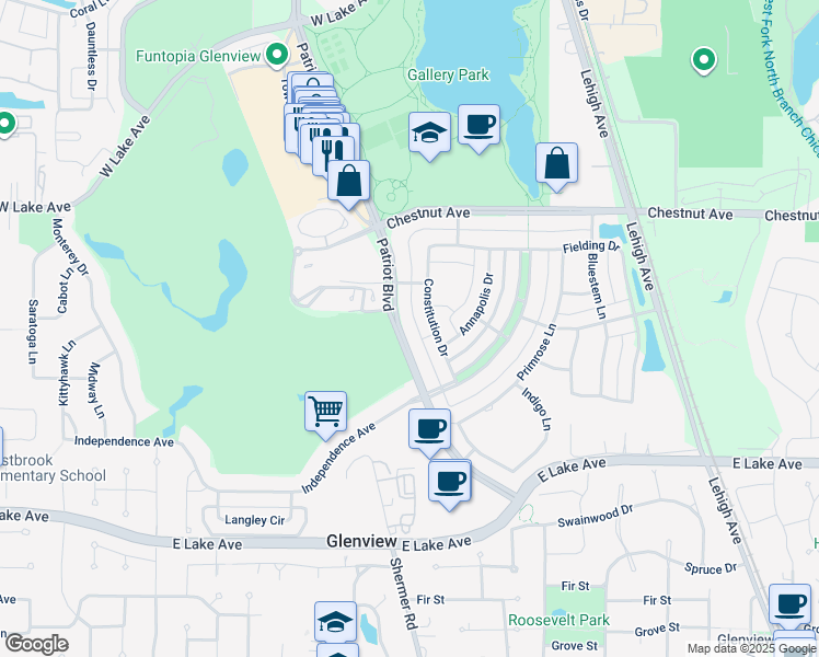 map of restaurants, bars, coffee shops, grocery stores, and more near 1600 Patriot Boulevard in Glenview