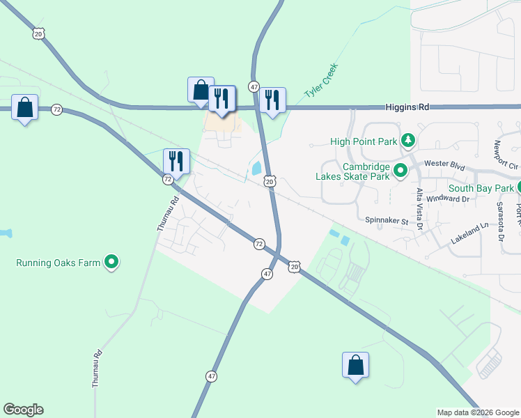 map of restaurants, bars, coffee shops, grocery stores, and more near 2220 Aurora Drive in Pingree Grove