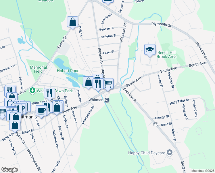 map of restaurants, bars, coffee shops, grocery stores, and more near 416 South Avenue in Whitman