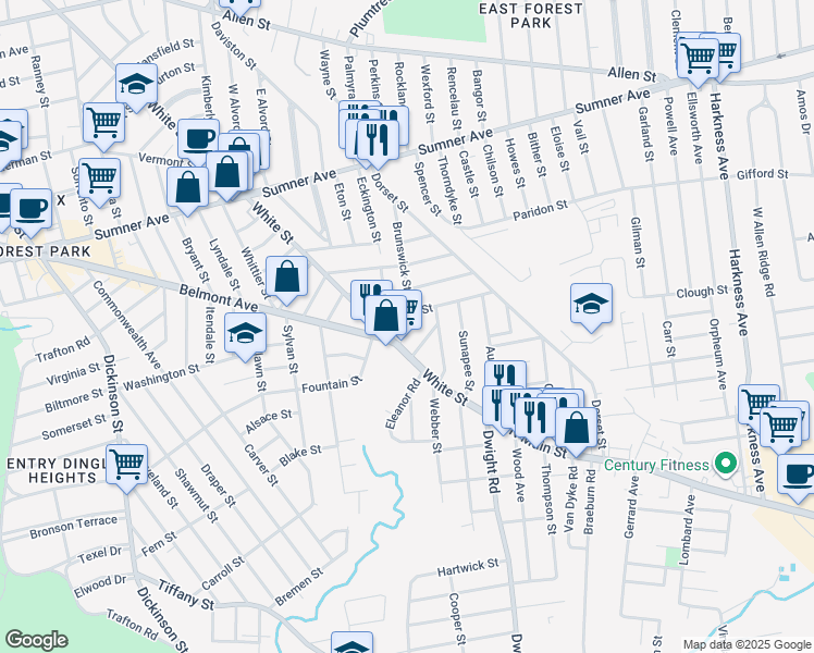 map of restaurants, bars, coffee shops, grocery stores, and more near 27 Blaine St in Springfield