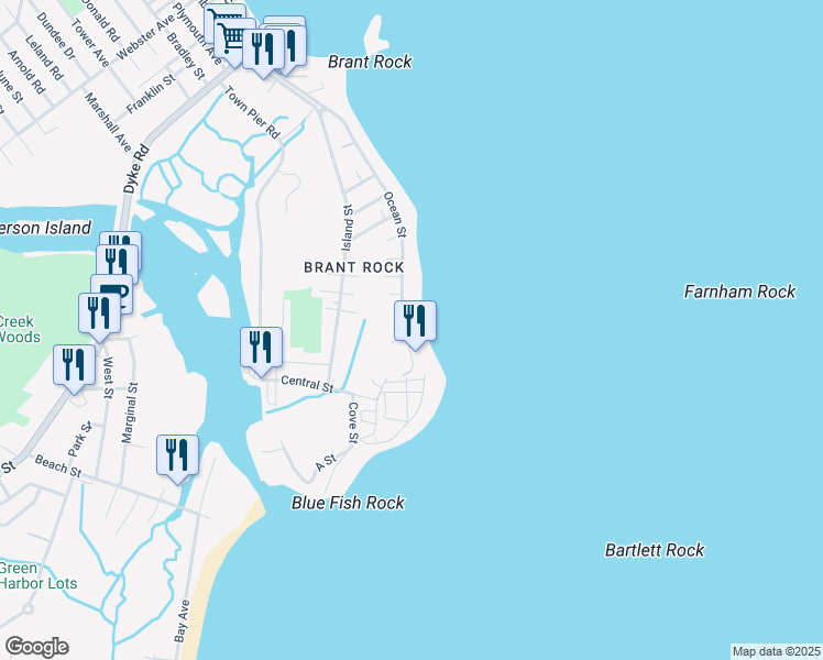 map of restaurants, bars, coffee shops, grocery stores, and more near 12 Ocean Street in Marshfield