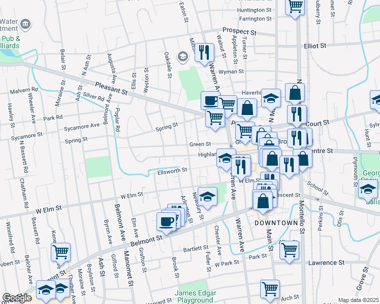 map of restaurants, bars, coffee shops, grocery stores, and more near 71 Highland Street in Brockton