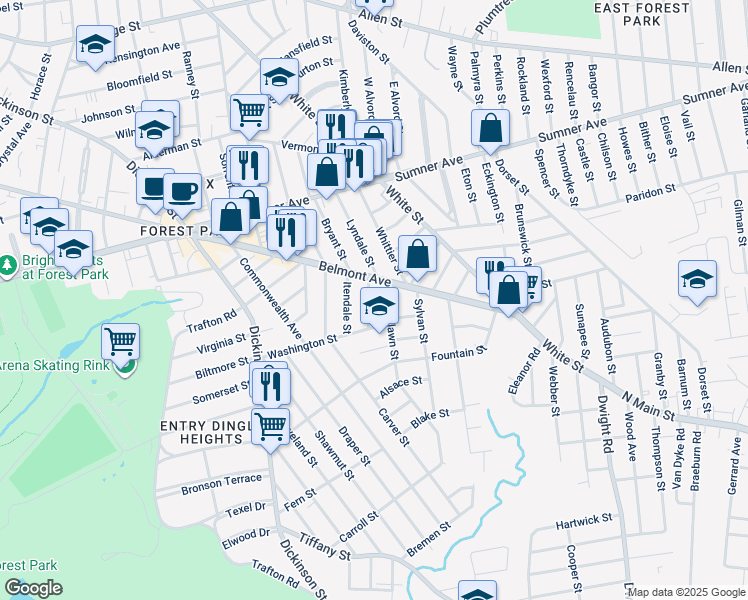 map of restaurants, bars, coffee shops, grocery stores, and more near 17 Woodlawn Street in Springfield