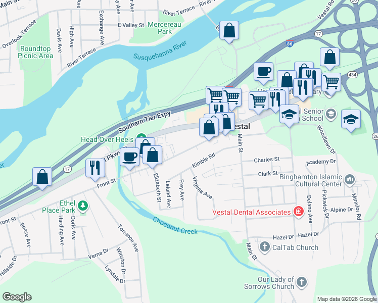 map of restaurants, bars, coffee shops, grocery stores, and more near 225 Front Street in Vestal