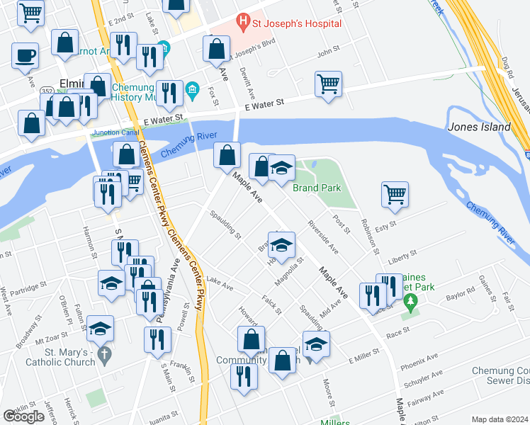 map of restaurants, bars, coffee shops, grocery stores, and more near 314 Lormore Street in Elmira