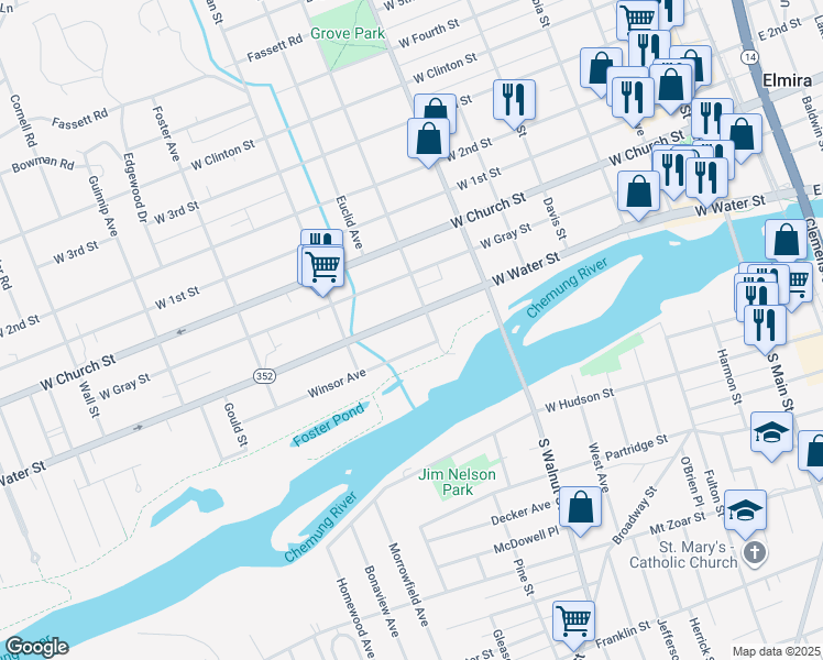map of restaurants, bars, coffee shops, grocery stores, and more near 609 West Water Street in Elmira