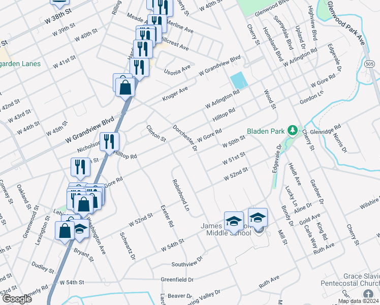 map of restaurants, bars, coffee shops, grocery stores, and more near 1017 West Gore Road in Erie