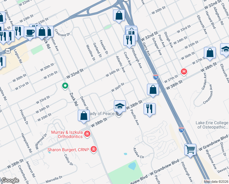 map of restaurants, bars, coffee shops, grocery stores, and more near 3601-3611 Cameo Way in Erie