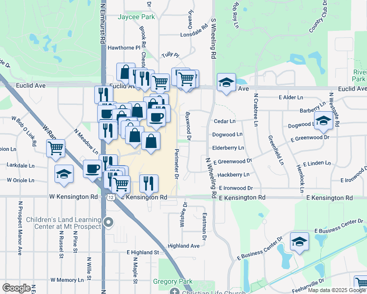 map of restaurants, bars, coffee shops, grocery stores, and more near 1058B North Boxwood Drive in Mount Prospect