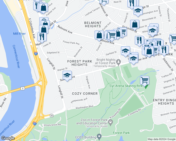 map of restaurants, bars, coffee shops, grocery stores, and more near 150-152 Sumner Avenue in Springfield