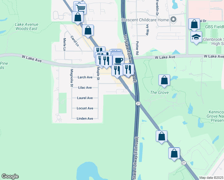 map of restaurants, bars, coffee shops, grocery stores, and more near 4644 Jenna Road in Glenview