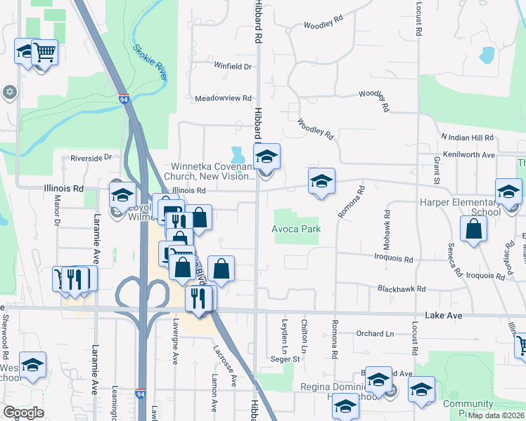 map of restaurants, bars, coffee shops, grocery stores, and more near 1121 Virginia Lane in Wilmette