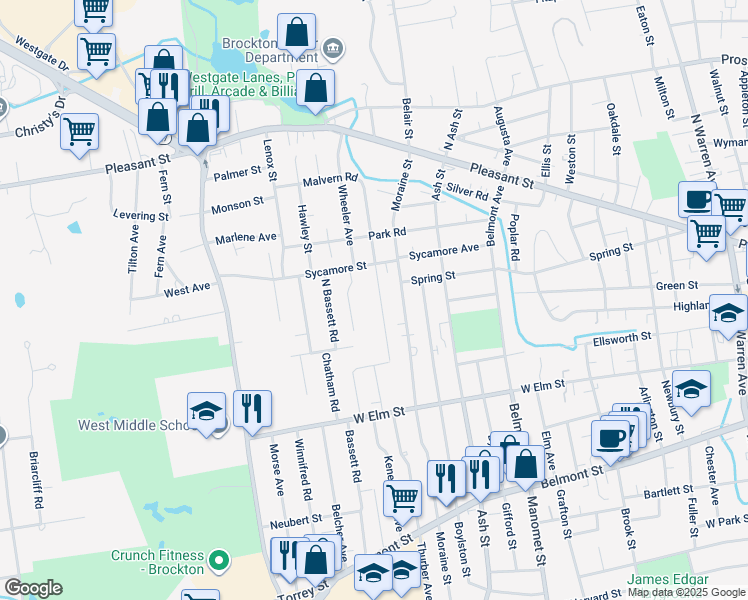 map of restaurants, bars, coffee shops, grocery stores, and more near 33 Maxim Street in Brockton