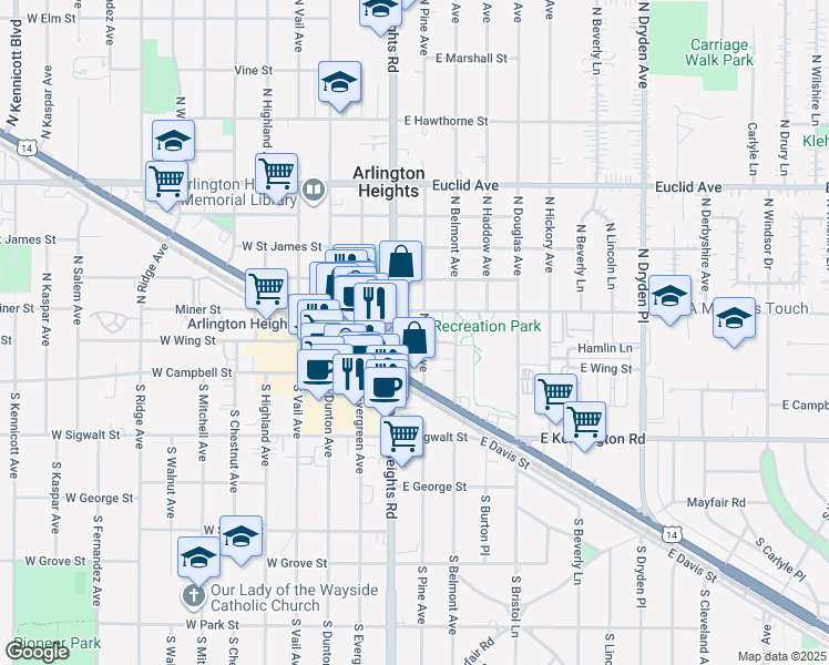 map of restaurants, bars, coffee shops, grocery stores, and more near 104 North Pine Avenue in Arlington Heights