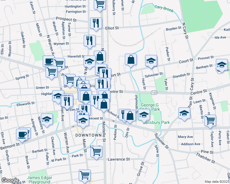 map of restaurants, bars, coffee shops, grocery stores, and more near 137 Centre Street in Brockton