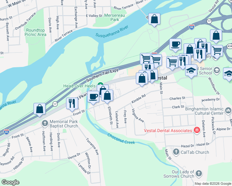 map of restaurants, bars, coffee shops, grocery stores, and more near 240 Front Street in Vestal