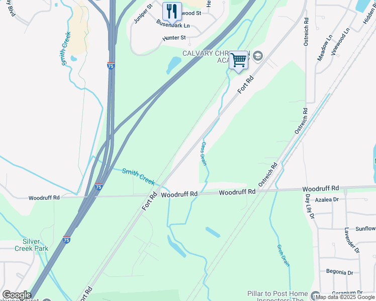 map of restaurants, bars, coffee shops, grocery stores, and more near 30498 Fort Road in Rockwood