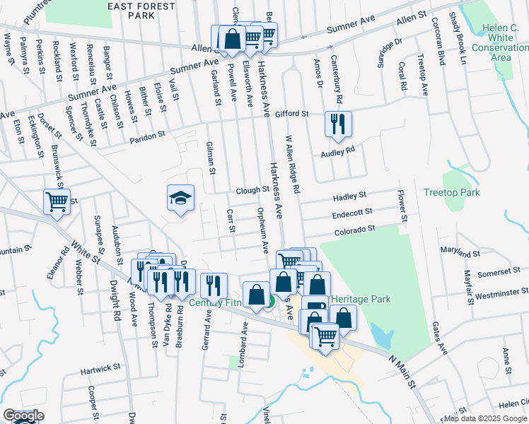 map of restaurants, bars, coffee shops, grocery stores, and more near 87-89 Orpheum Avenue in Springfield