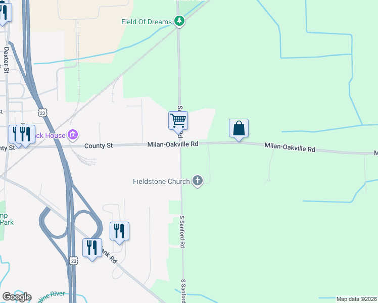 map of restaurants, bars, coffee shops, grocery stores, and more near 14690 Sanford Road in Milan