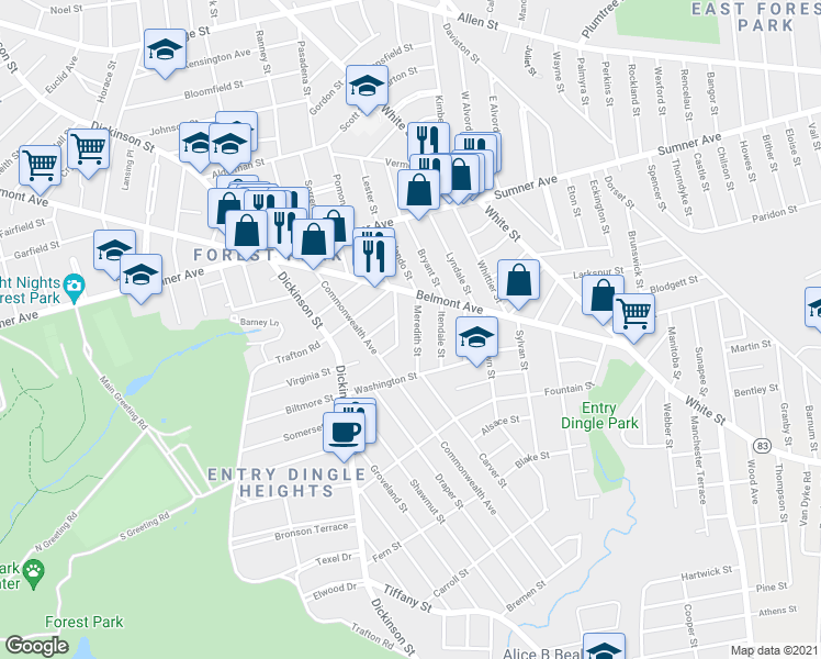 map of restaurants, bars, coffee shops, grocery stores, and more near 34 Meredith St in Springfield