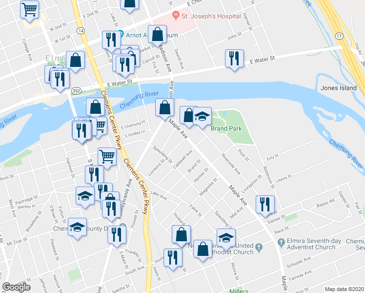 map of restaurants, bars, coffee shops, grocery stores, and more near 314 Lormore St in Elmira