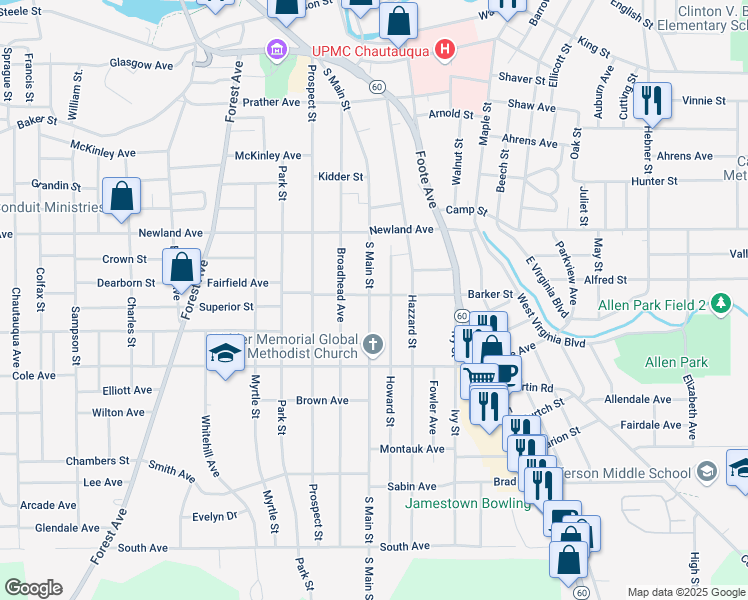 map of restaurants, bars, coffee shops, grocery stores, and more near 329 South Main Street in Jamestown