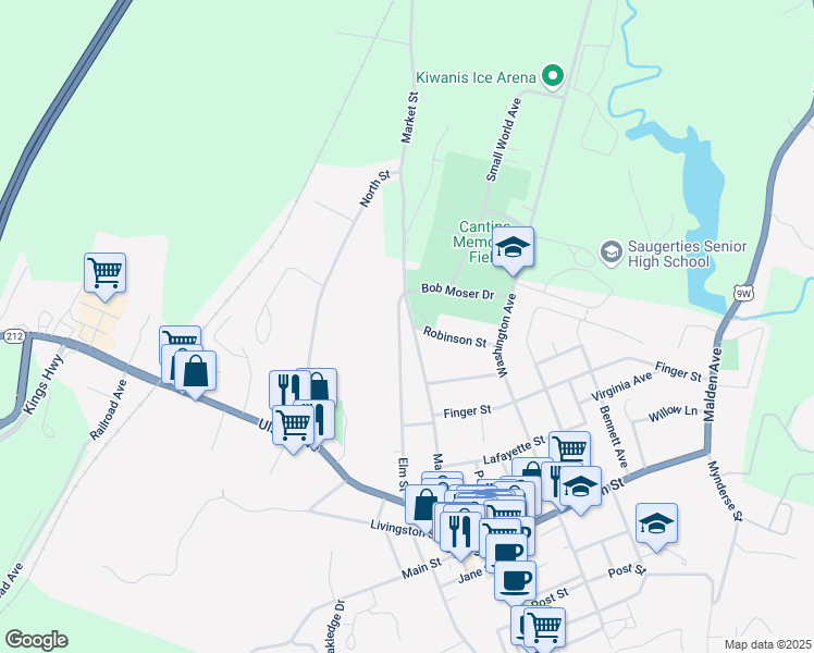 map of restaurants, bars, coffee shops, grocery stores, and more near 208 Market Street in Saugerties