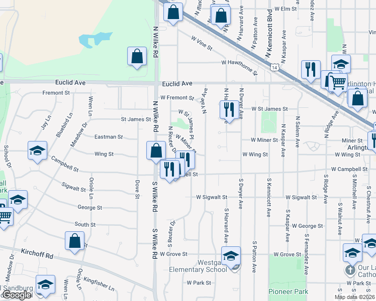 map of restaurants, bars, coffee shops, grocery stores, and more near 1419 West Miner Street in Arlington Heights