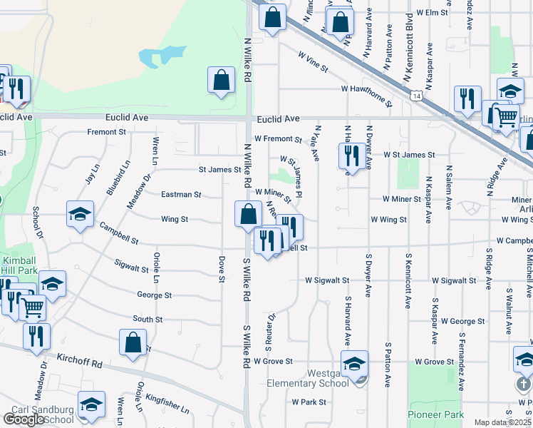 map of restaurants, bars, coffee shops, grocery stores, and more near 116 North Reuter Drive in Arlington Heights