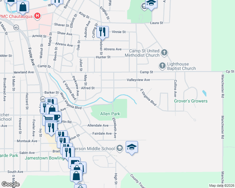 map of restaurants, bars, coffee shops, grocery stores, and more near 19 Hughes Street in Jamestown