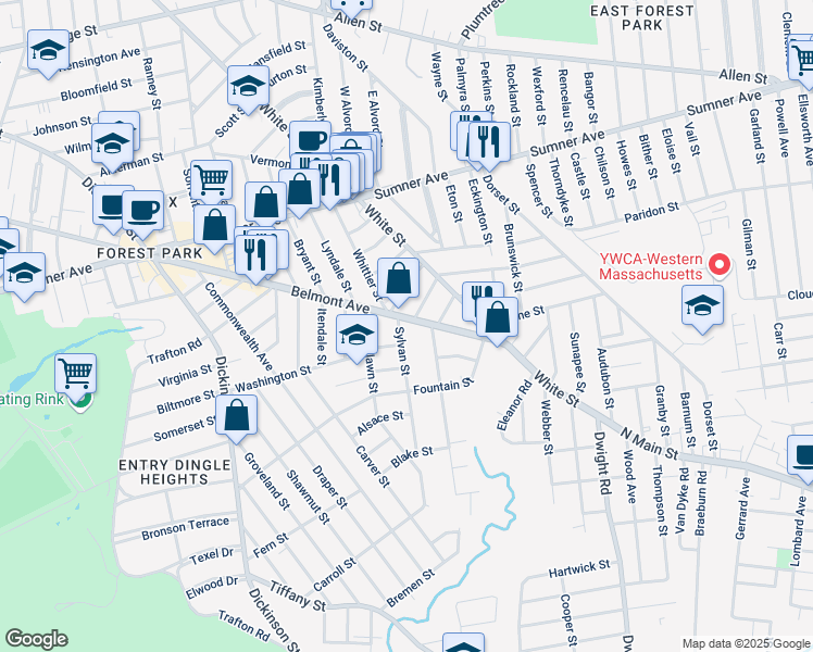 map of restaurants, bars, coffee shops, grocery stores, and more near 7 Sylvan Street in Springfield