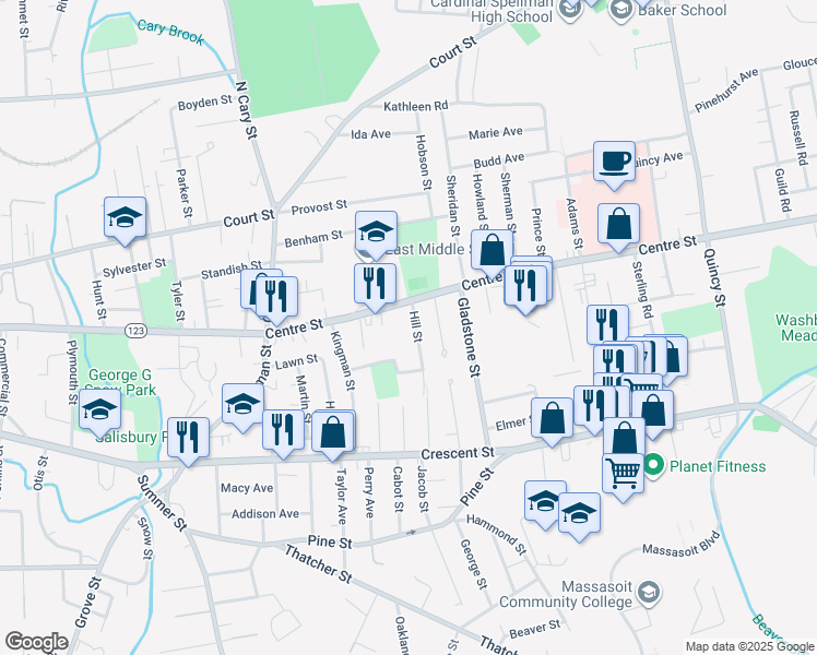 map of restaurants, bars, coffee shops, grocery stores, and more near 19 Hill Street in Brockton