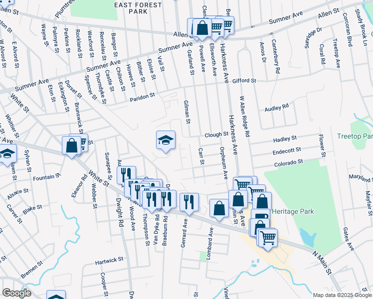 map of restaurants, bars, coffee shops, grocery stores, and more near 130 Odion Avenue in Springfield