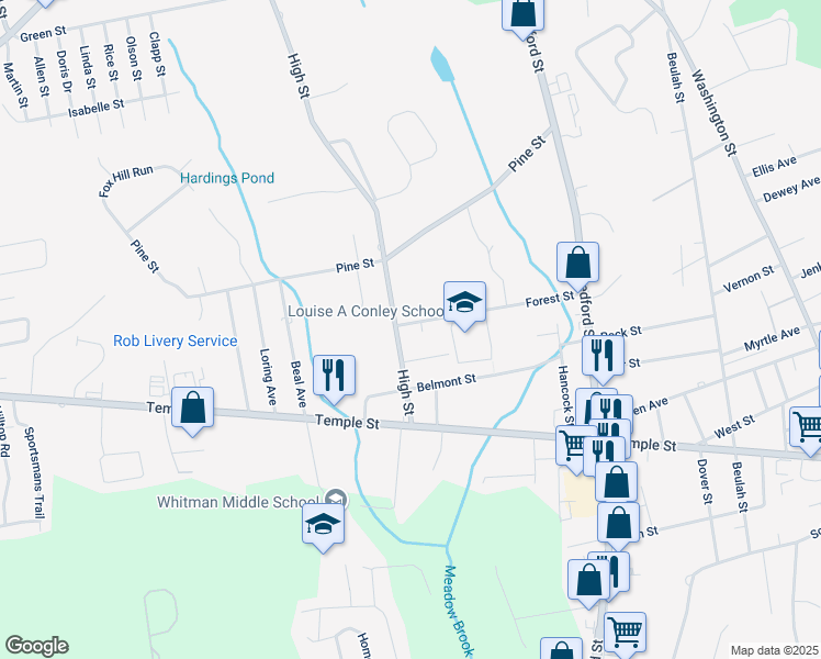 map of restaurants, bars, coffee shops, grocery stores, and more near 188 Forest Street in Whitman