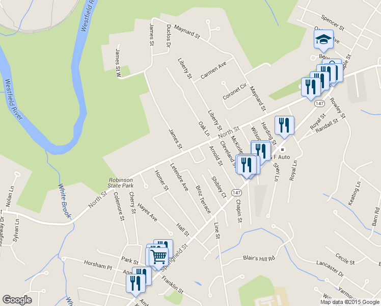 map of restaurants, bars, coffee shops, grocery stores, and more near 23 Norman Terrace in Agawam