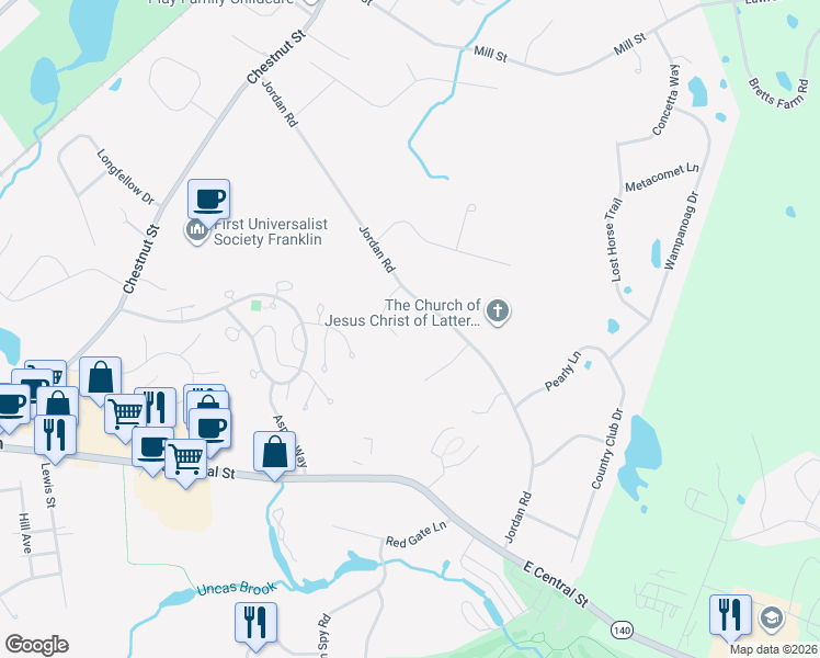 map of restaurants, bars, coffee shops, grocery stores, and more near 18 Dutchess Road in Franklin