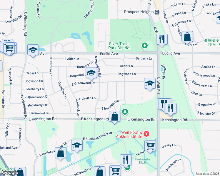 map of restaurants, bars, coffee shops, grocery stores, and more near 1327 Mulberry Drive in Mount Prospect
