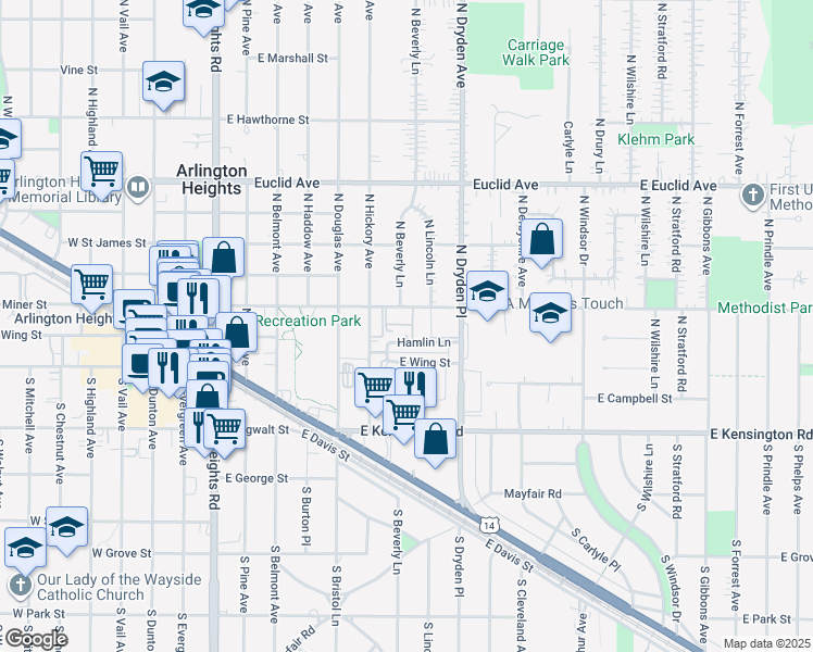 map of restaurants, bars, coffee shops, grocery stores, and more near 801 East Miner Street in Arlington Heights