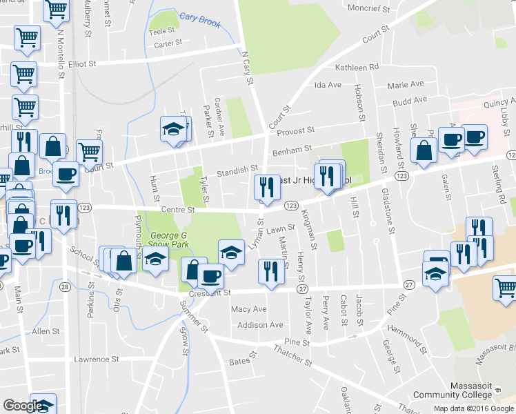 map of restaurants, bars, coffee shops, grocery stores, and more near 362 Centre St in Brockton