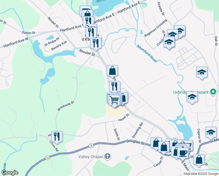 map of restaurants, bars, coffee shops, grocery stores, and more near 194 North Main Street in Uxbridge