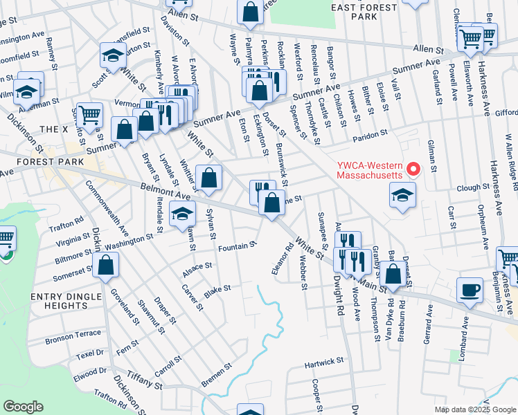 map of restaurants, bars, coffee shops, grocery stores, and more near 923 Belmont Avenue in Springfield