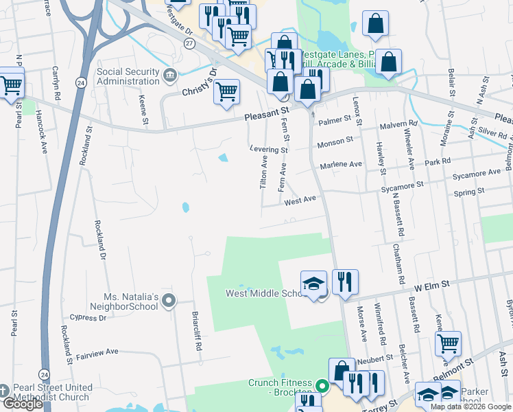 map of restaurants, bars, coffee shops, grocery stores, and more near 78 West Avenue in Brockton