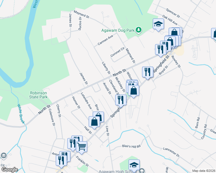 map of restaurants, bars, coffee shops, grocery stores, and more near 76 Arnold Street in Agawam