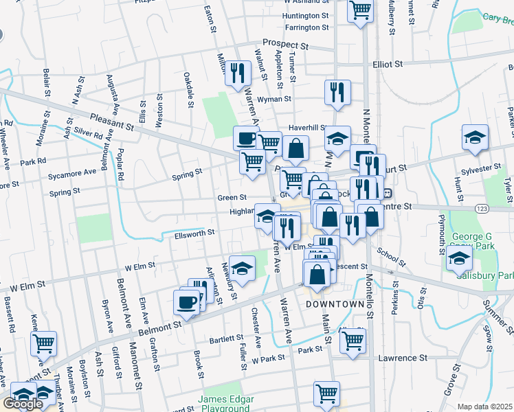map of restaurants, bars, coffee shops, grocery stores, and more near 21 Highland Street in Brockton