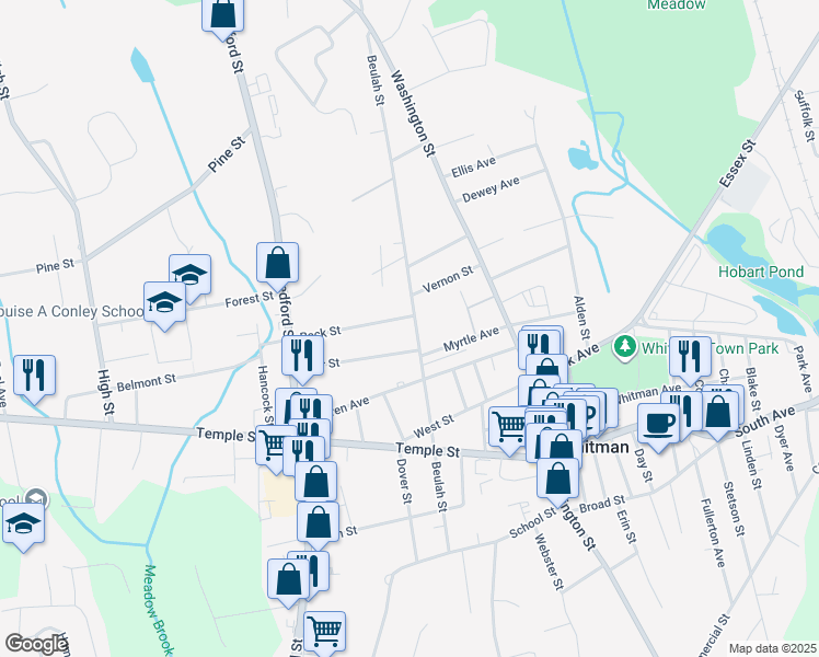 map of restaurants, bars, coffee shops, grocery stores, and more near 244 Beulah Street in Whitman