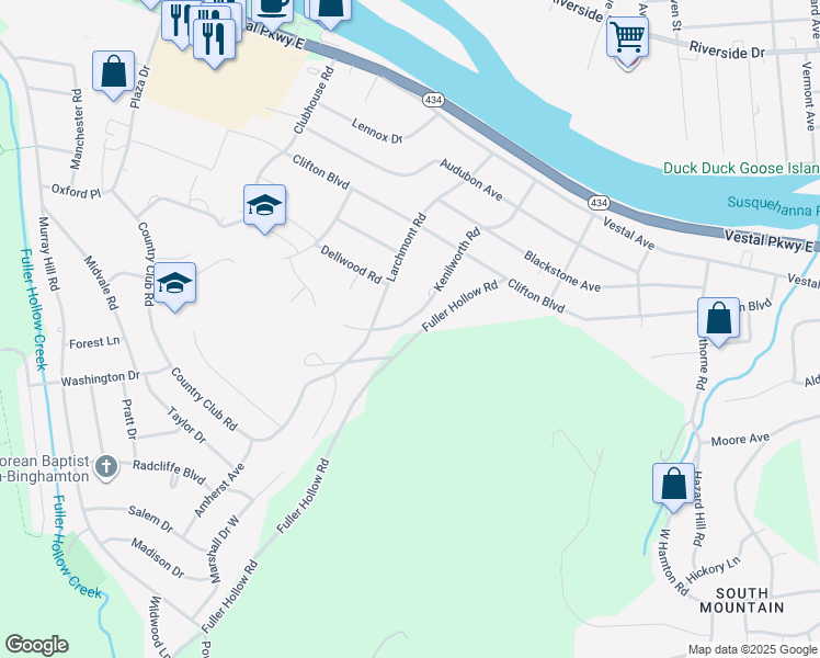 map of restaurants, bars, coffee shops, grocery stores, and more near 51 Kenilworth Rd in Binghamton