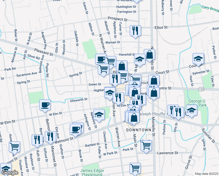 map of restaurants, bars, coffee shops, grocery stores, and more near 9 Highland Street in Brockton